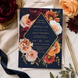 Invitación Boda Floral Naranja Burgundy Oscuro Naval