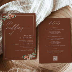 Invitación Boda floral Naranja de esmeralda y roya quemada