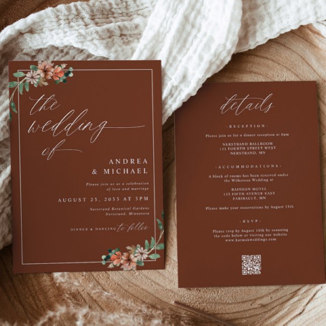 Invitación Boda floral Naranja de esmeralda y roya quemada (Emerald, Rust and Burnt Orange Floral Wedding Invitations for Fall or Winter Wedding)