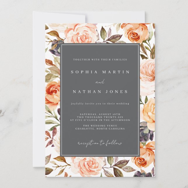 Invitación Boda floral Naranja Gray Fall (Anverso)