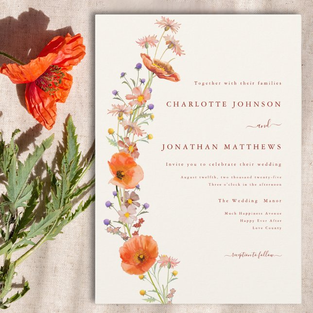 Invitación Boda floral naranja marrón silvestre chic boho (Simple elegant wildflower boho wedding invitation)