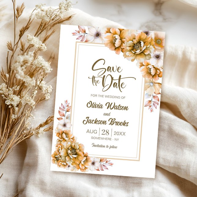 Invitación Boda floral Naranja moderna salva la fecha (Subido por el creador)
