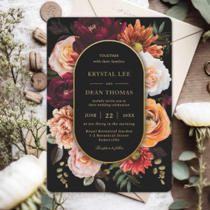 Invitación Boda floral naranja óxido borgoña oscuro y sombrío