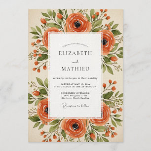 Invitación Boda Floral Naranja Pintoresca