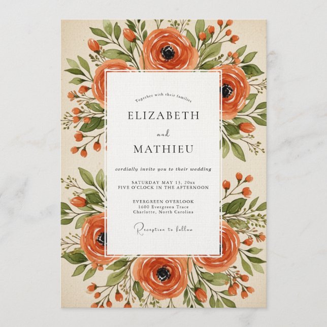 Invitación Boda Floral Naranja Pintoresca (Anverso)