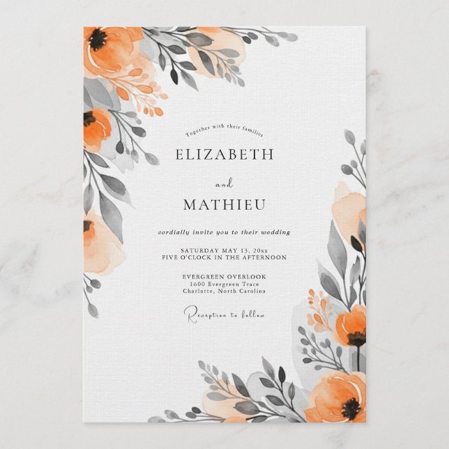 Invitación Boda Floral Naranja Pintoresca (Anverso)