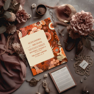 Invitación Boda floral naranja quemada Retro Groovy
