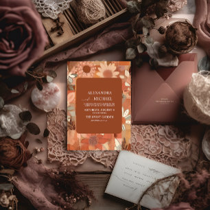 Invitación Boda floral naranja quemada Retro Groovy