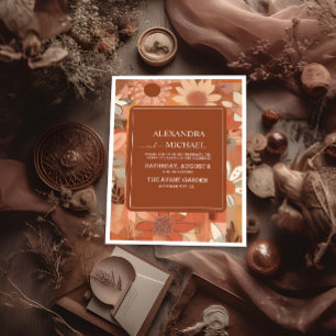 Invitación Boda floral naranja quemada Retro Groovy