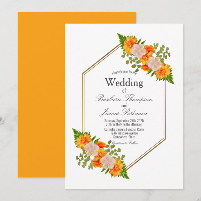 Invitación Boda floral Naranja Rubor Geométrico moderno (Anverso / Reverso)