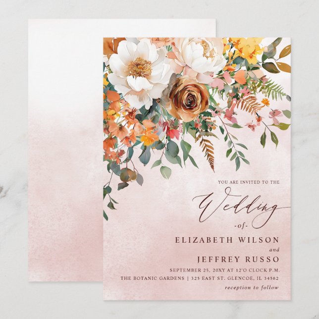 Invitación Boda Floral Naranja Rústica de Otoño (Anverso / Reverso)