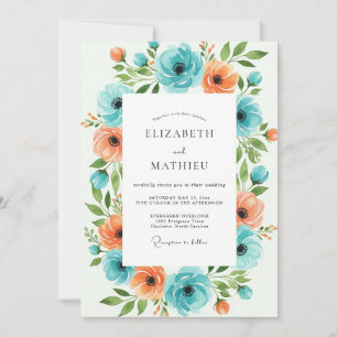 Invitación Boda floral naranja turquesa