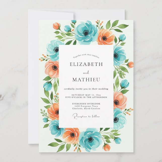 Invitación Boda floral naranja turquesa (Anverso)