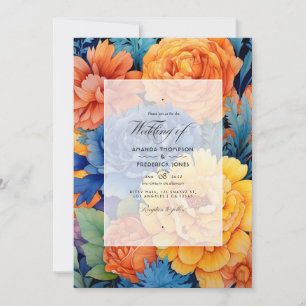 Invitación Boda floral naranja y azul real