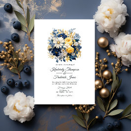 Invitación Boda floral naval, blanco y dorado