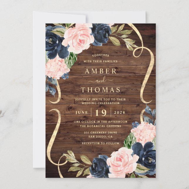 Invitación Boda floral naval de madera rústica bonita (Anverso)