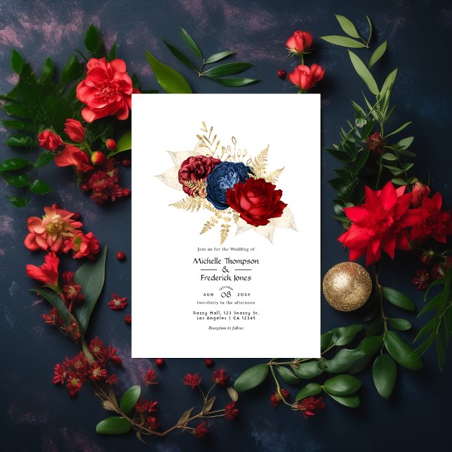 Invitación Boda floral naval, rojo y oro (Subido por el creador)