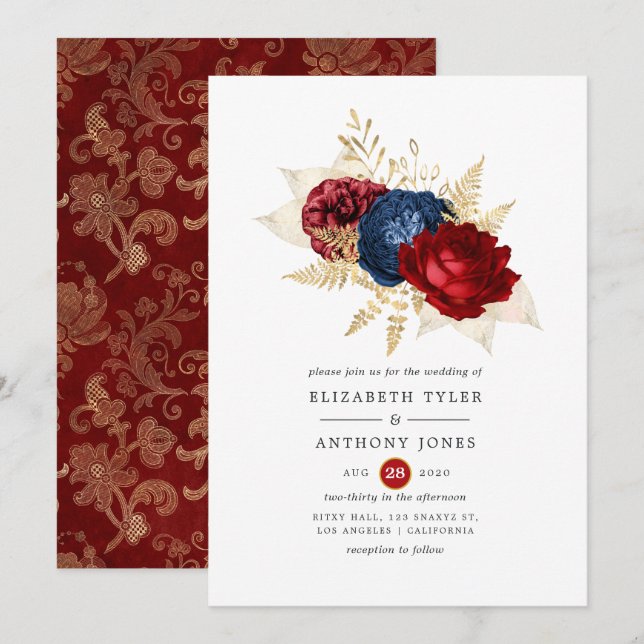 Invitación Boda floral naval, rojo y oro (Anverso / Reverso)