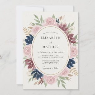 Invitación Boda floral naval sonrosado