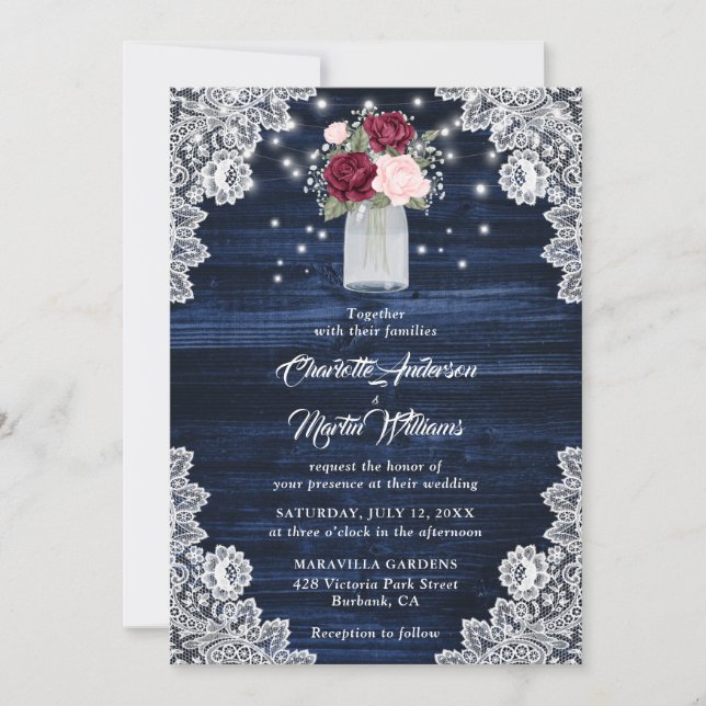 Invitación Boda floral Navy Blue Burgundy Rubor (Anverso)