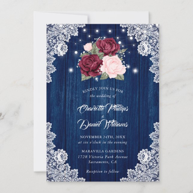 Invitación Boda floral Navy Blue Burgundy Rubor Wood Lace (Anverso)