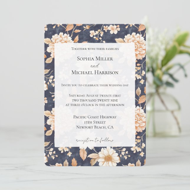 Invitación Boda floral Navy Blue Cream Peach (Anverso de pie)