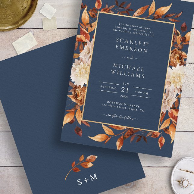 Invitación Boda floral Navy Blue Fall (Navy Blue Fall Floral Wedding Invitation
)