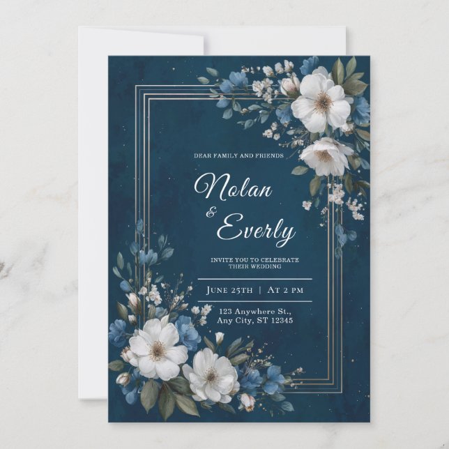 Invitación Boda floral Navy Blue Gold (Anverso)