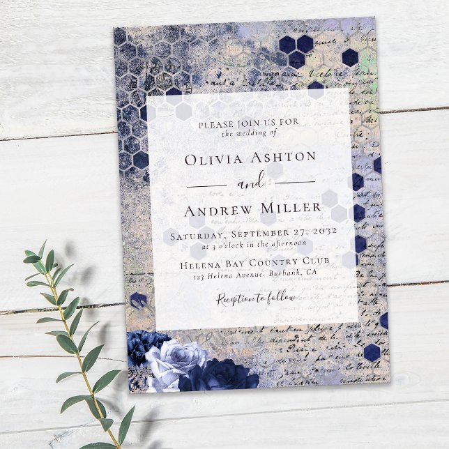 Invitación Boda floral Navy Blue Honeycomb (Subido por el creador)