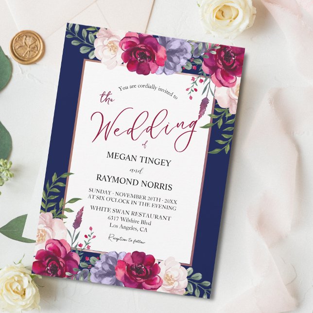 Invitación Boda floral Navy Blue Rubor & Burgundy Peony (Subido por el creador)