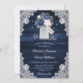 Invitación Boda floral Navy Blue Rubor Wood Lace Mason Jar