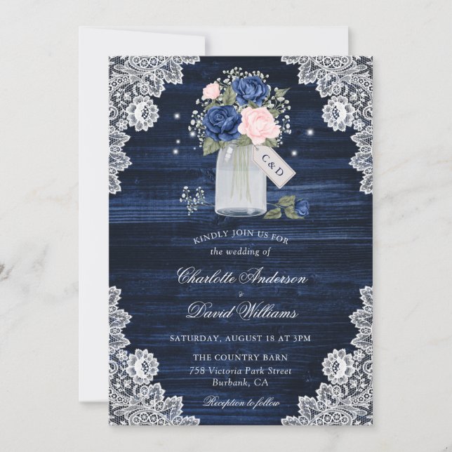 Invitación Boda floral Navy Blue Rubor Wood Lace Mason Jar (Anverso)