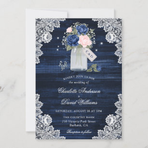 Invitación Boda floral Navy Blue Rubor Wood Lace Mason Jar