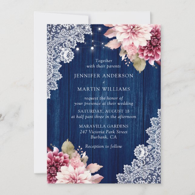 Invitación Boda floral Navy Blue y Rubor (Anverso)