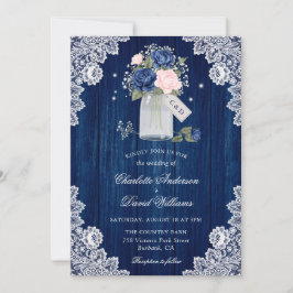 Invitación Boda floral Navy Blue y Rubor Lace Mason Jar