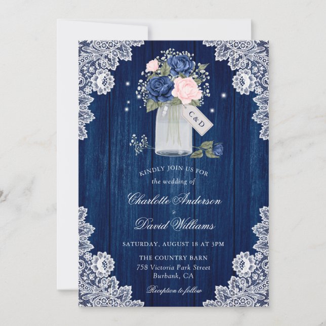 Invitación Boda floral Navy Blue y Rubor Lace Mason Jar (Anverso)