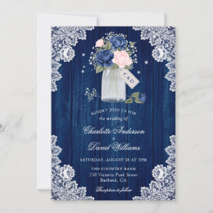 Invitación Boda floral Navy Blue y Rubor Lace Mason Jar
