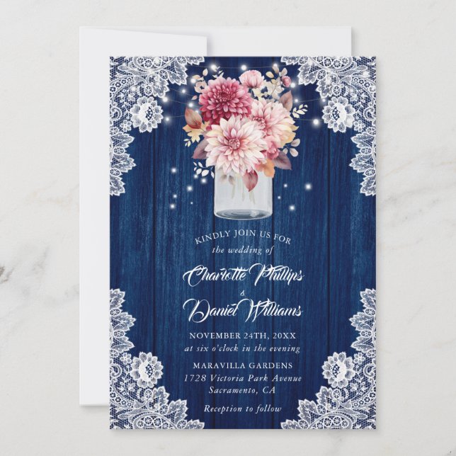 Invitación Boda floral Navy Blue y Rubor Wood Mason Jar (Anverso)