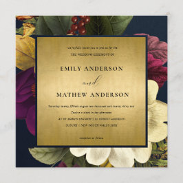 Invitación Boda FLORAL NAVY GOLD VINTAGE RETRO BURGUNDY