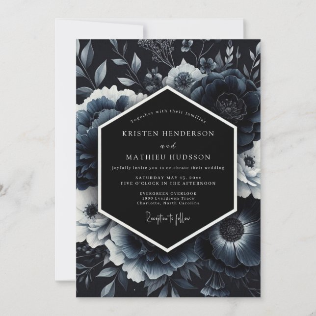 Invitación Boda floral Navy Moody (Anverso)