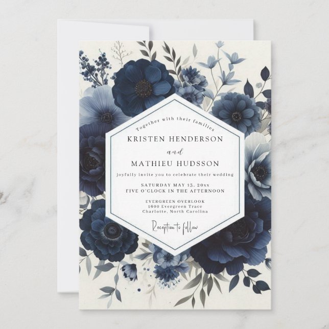 Invitación Boda floral Navy Moody (Anverso)