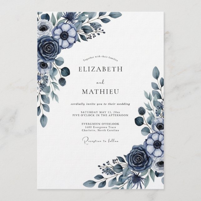 Invitación Boda floral Navy Moody (Anverso)