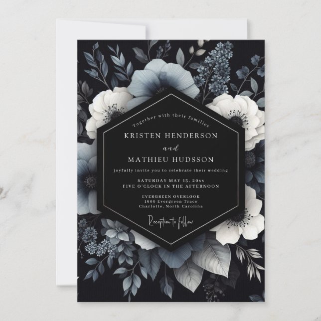 Invitación Boda Floral Navy Moody Bloom (Anverso)