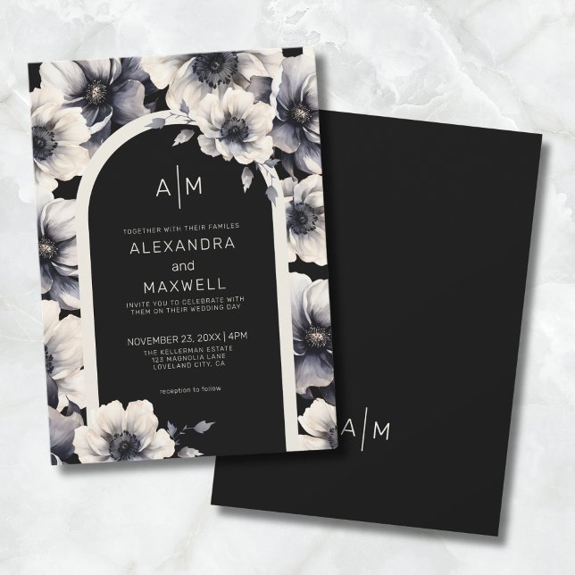 Invitación Boda floral negra blanca moderna (Modern Arch White Black Floral Wedding Invitation)
