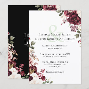 Invitación Boda floral negra con toque moderno de borgoña