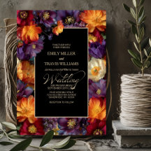 Boda floral negra de color púrpura y naranja
