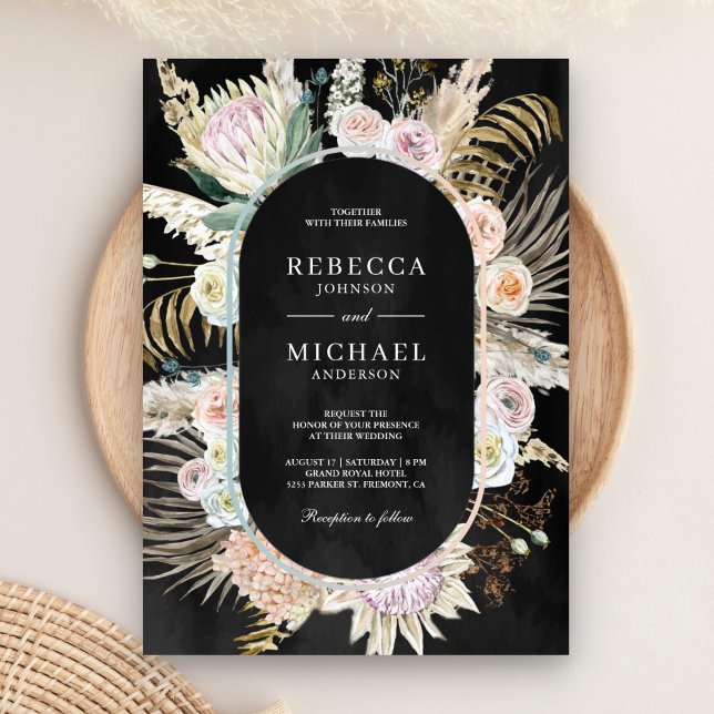 Invitación Boda floral negra de palma tropical seca de Pampas (Subido por el creador)