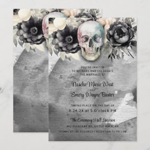 Invitación Boda floral negra de peonía gótica y cráneo