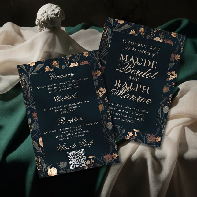 Invitación Boda floral negra moderna contemporánea (Announce your celebration with timeless elegance using this Contemporary Floral Wedding Invite!)