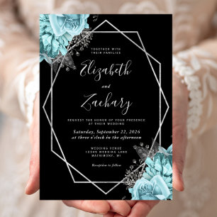 Invitación Boda Floral Negra Plata Azul Acuario